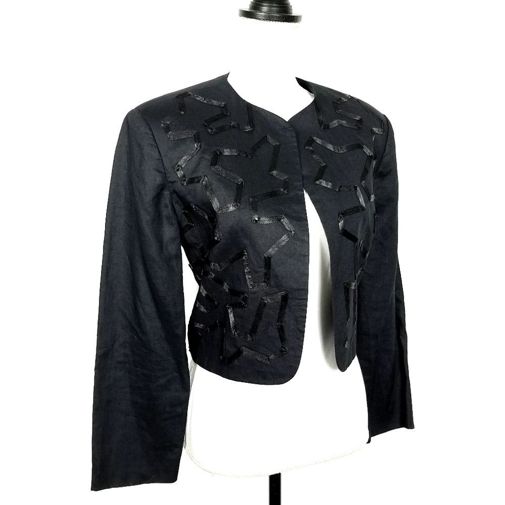 Vintage Cropped Linen Ribbon Trim Jacket